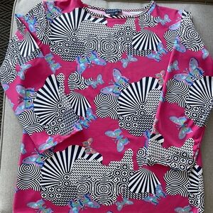 Like New!! Vibrant Pink Geometric and Butterfly Print Shirt, 3/4 Length Sleeves
